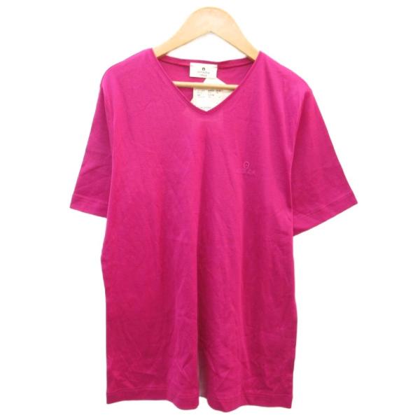 未使用品 アイグナー AIGNER Tシャツ カットソー 42 マゼンタ Vネック ロゴ刺繍 半袖 ...