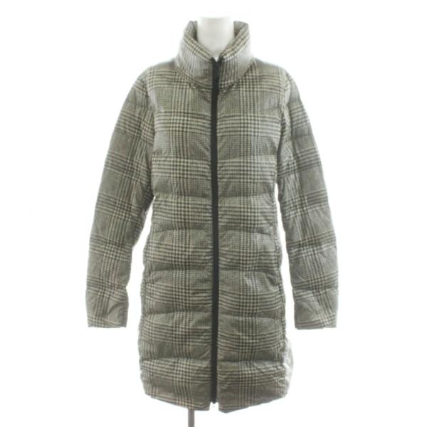 ユニクロ UNIQLO ダウンコート L ベージュ 黒 ブラック チェック柄 スタンドカラー ロング...