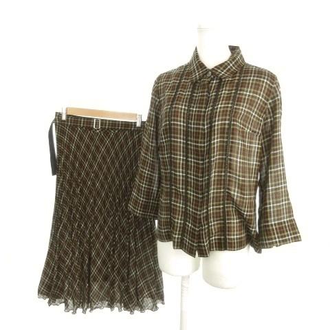 ダックス DAKS セットアップ シャツ ブラウス 42 茶 ブラウン チェック柄 七分袖 10-2...