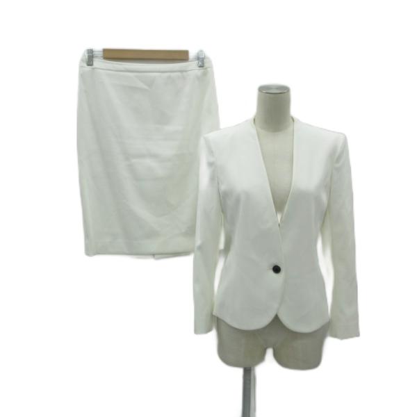 ベイジ スーツ セットアップ 上下 ノーカラージャケット ミドル丈 タイトスカート ミモレ丈 スリッ...