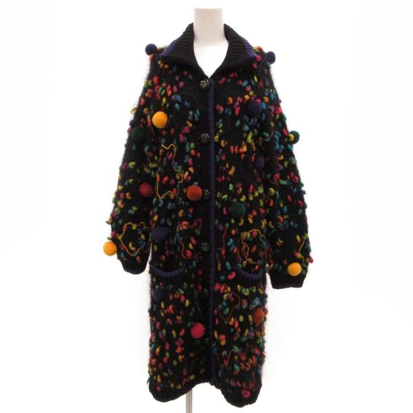 ケイコムラカミ KEIKOMURAKAMI ロングコート ニット ネップ 黒 ブラック 長袖 ポンポ...