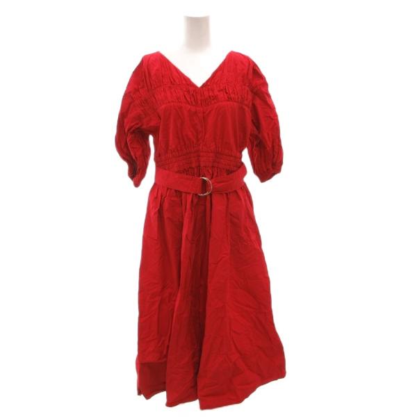 AMERI ワンピース ドレス ベルト ゴムウエスト ロング 半袖 Vネック F 赤 レッド /FF...