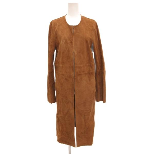 セオリー Theory ノーカラーコート ゴートレザー 本革 S 茶 ブラウン 無地 ノーカラー 長...