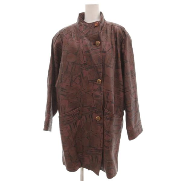 ノーブランド スタンドカラーコート レザージャケット 総柄 茶 ブラウン /JS ■ECA001 レ...