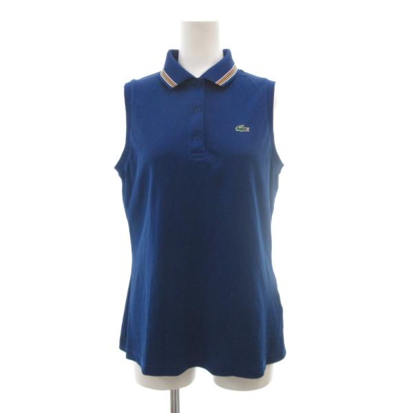 ラコステ LACOSTE スポーツ ポロシャツ 36 青 ブルー ノースリーブ 襟ストライプ ワンポ...
