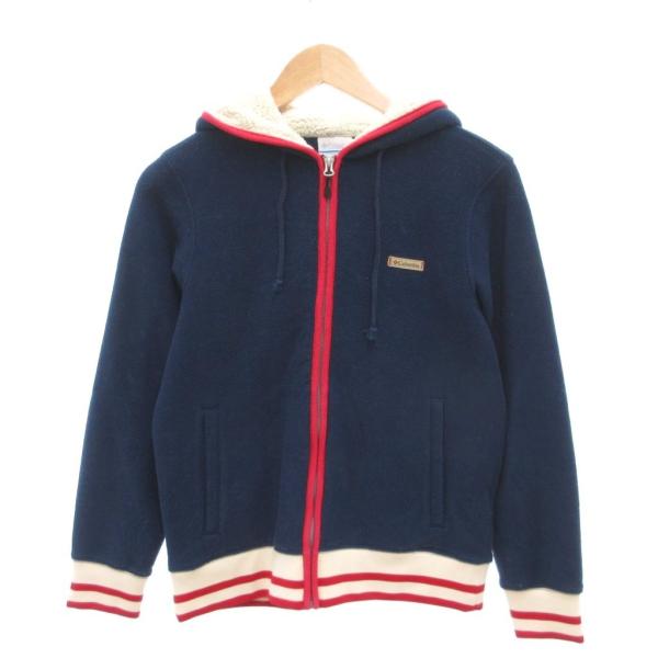 コロンビア Columbia ジップアップパーカー フリース ロゴ M 紺 ネイビー 赤 レッド P...