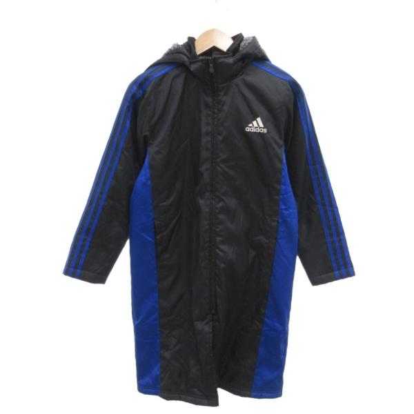 アディダス adidas 美品 ベンチコート ロゴ 中綿 裏ボア フード付き ロング丈 150 青 ...