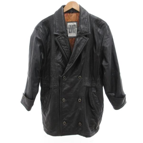 VIA NUOVA PELLE ラムレザーコート ジャケット 48 革ジャン ダブルボタン 黒 ブラ...