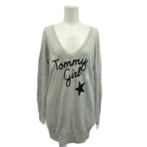 トミーガール tommy girl ニット セーター 長袖 チュニック丈 Vネック 星 スター ロゴ 刺繍 M グレー /XZ ■ECD001 レディース