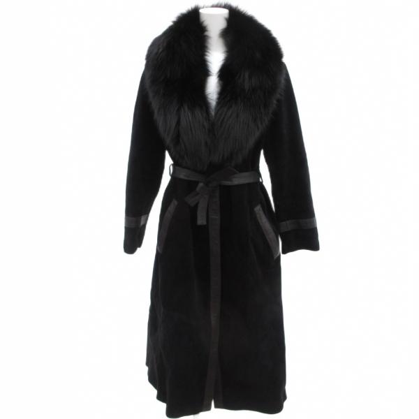 ノーブランド スエードレザーコート ロング丈 フォックスファー 11 黒 ブラック /JS ■ECA...