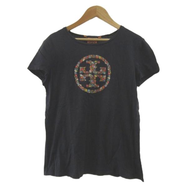 トリーバーチ TORY BURCH Tシャツ S 黒 ブラック 半袖 花柄 ロゴ 刺繍 ラウンドネッ...