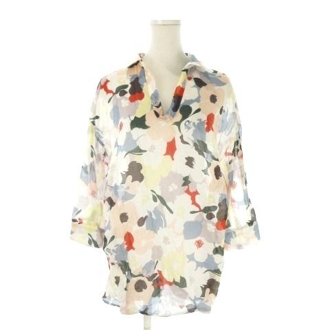 マーレンダム MARLENEDAM チュニック シャツ 40 白 ホワイト 花柄 Vネック 七分袖 ...