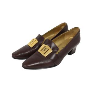 イヴサンローラン YVES SAINT LAURENT パンプス レザー ロゴ金具 チャンキーヒール 無地 35 茶 ブラウン■GY72 レディース