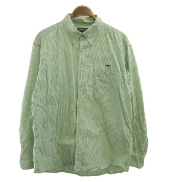 ランズエンド LANDS' END シャツ XL ライトグリーン 白 ホワイト ストライプ柄 ボタン...