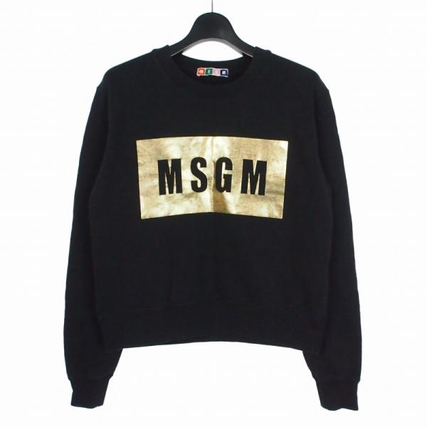 エムエスジーエム MSGM ボックスロゴ ゴールドロゴプリント スウェット トレーナー S ブラック...