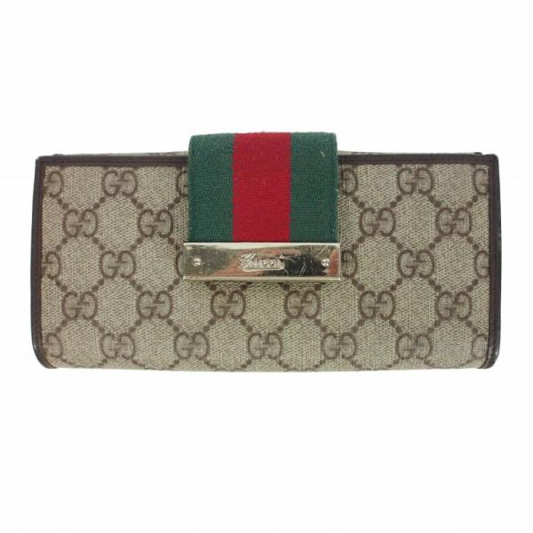 グッチ GUCCI GGキャンバス シェリーライン Wホック 長財布 カーキベージュ × ダークブラ...