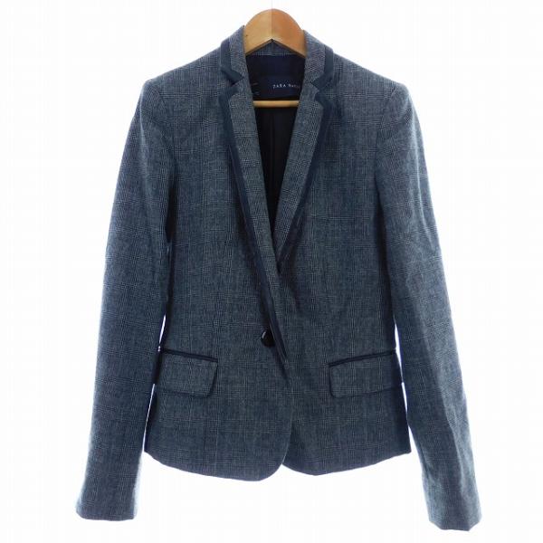 ザラ ベーシック ZARA BASIC テーラードジャケット 長袖 シングル 切替 肩パッド チェッ...