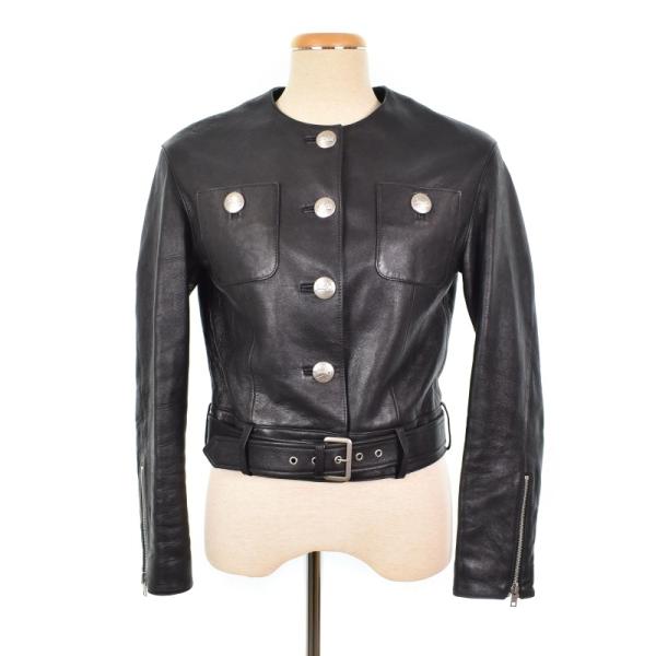 セリーヌ CELINE エディ期 ラムレザー ロゴボタン ノーカラー レザージャケット ライダースジ...