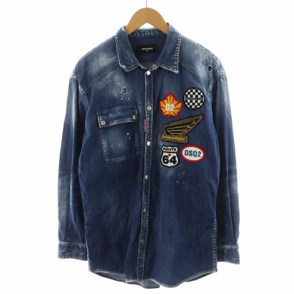 ディースクエアード DSQUARED2 デニムシャツ 長袖 ワッペン ロゴ ダメージ加工 50 青 ...