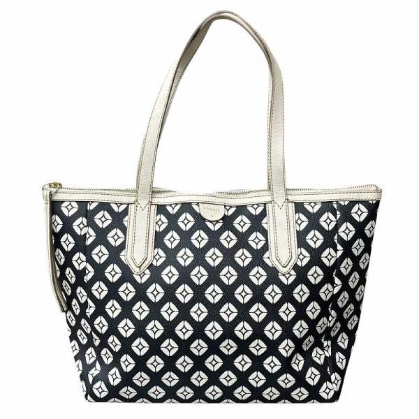 フォッシル FOSSIL レザー トートバッグ 総柄 黒 白 ブラック ホワイト ZB5491 レデ...