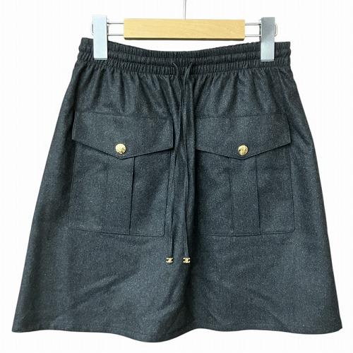 セリーヌ CELINE トリオンフ カシミヤ ミニ スカート カーゴポケット 灰 濃灰 チャコールグ...