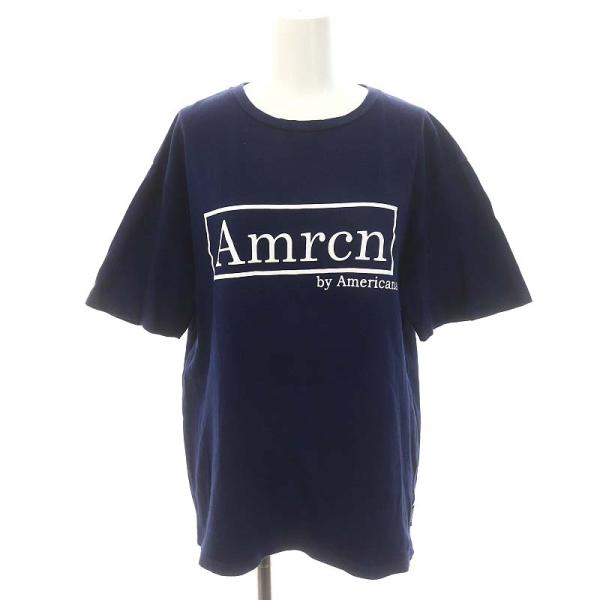 アメリカーナ AMERICANA AmrcnプリントTシャツ カットソー ロゴ 半袖 紺 白 ネイビ...