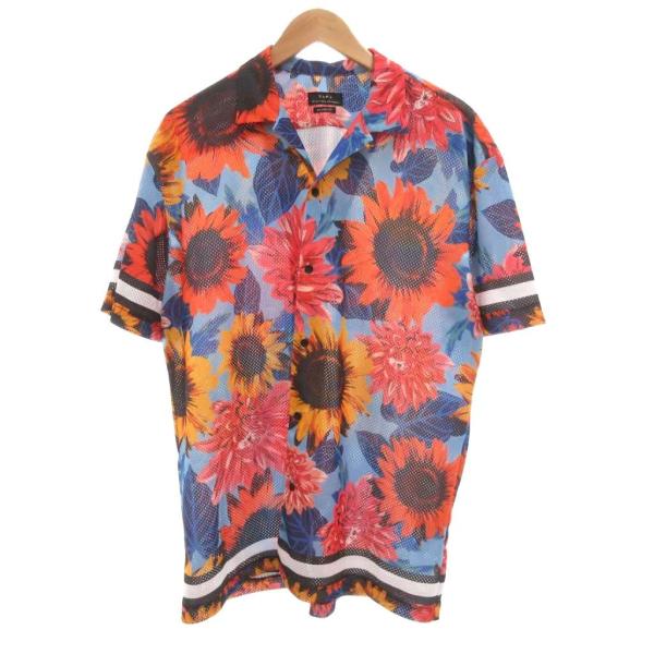 ザラ ZARA アロハシャツ 花柄 半袖 ライン L 青 ブルー マルチカラー /JS メンズ