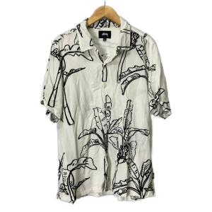 ステューシー STUSSY オープンカラーシャツ 総柄 半袖 レーヨン S ホワイト メンズ