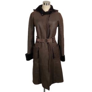 ポールカ PAULE KA ムートンコート ラムスキン ロング丈 フード ベルト付 ダークブラウン ...