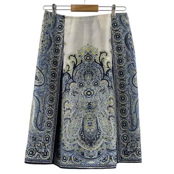 エトロ ETRO タック入りスカート ひざ丈 ペイズリー柄 総柄 シルク100% ブルー 42 XL...