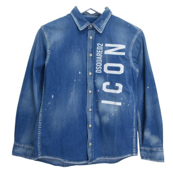 ディースクエアード DSQUARED2 シャツ 長袖 ICON ロゴ ダメージ加工 ブルー 12Yサ...