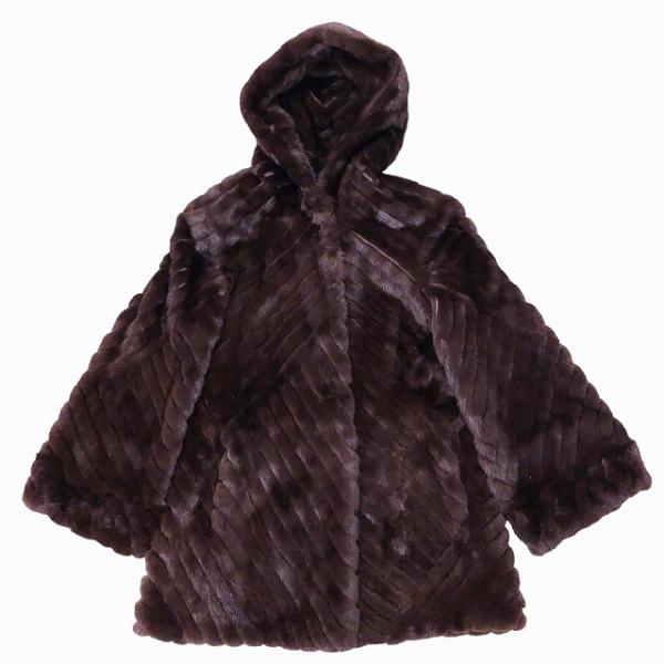 フーデット シェアードミンク コート ジャケット 毛皮 ファー 裏地総柄 ダークブラウン 0121 ...