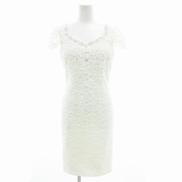 ティカ Tika カラードレス キャバドレス ワンピース 半袖 ひざ丈 レース切替 ビジュー M 白...