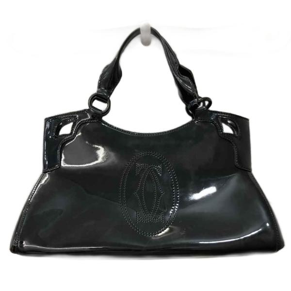 カルティエ Cartier マルチェロ ハンドバッグ エナメル ロゴ パテントレザー 黒 ブラック ...