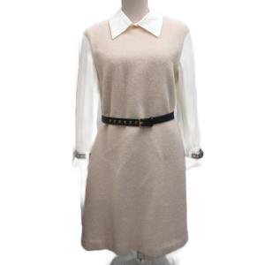 ドレスキャンプ DRESS CAMP ワンピース 長袖 ニット切替 ミモレ ロング レザーベルト 皮革 アルパカ混 38 ベージュ アイボリー
