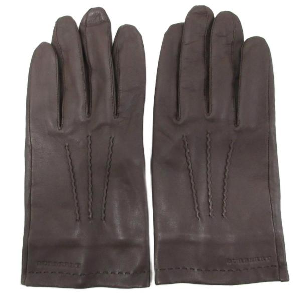 バーバリー BURBERRY 裏地ノバチェック レザーグローブ 手袋 ロゴ 皮革 茶 ブラウン ■W...