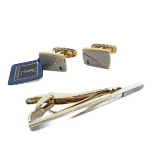 イヴサンローラン YVES SAINT LAURENT タグ付き カフス タイピン セット 金色 ゴールドカラー 銀色 シルバーカラー ツートンカラー 斜め切