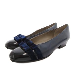 イヴサンローラン YVES SAINT LAURENT パンプス リボン ベロア切替 レザー 35.5 紺 ネイビー /FF ■IBO100 レディース