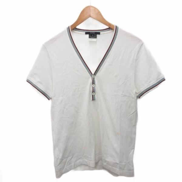 グッチ GUCCI シェリーライン ロゴ刺繍 Tシャツ 半袖 ボタン 3B コットン M 白 ホワイ...