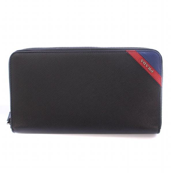 プラダ PRADA サフィアーノストライプ ドキュメントケース ラウンドファスナー レザー ロゴ 黒...