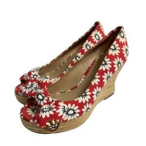 トリーバーチ TORY BURCH サンダル ミュール ウェッジソール 花柄 5.5 赤 レッド 白 ホワイト ■WG レディース