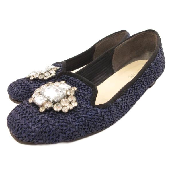 ジャスグリッティー JUSGLITTY フラットパンプス シューズ ビジュー装飾 23cm 紺 ネイ...