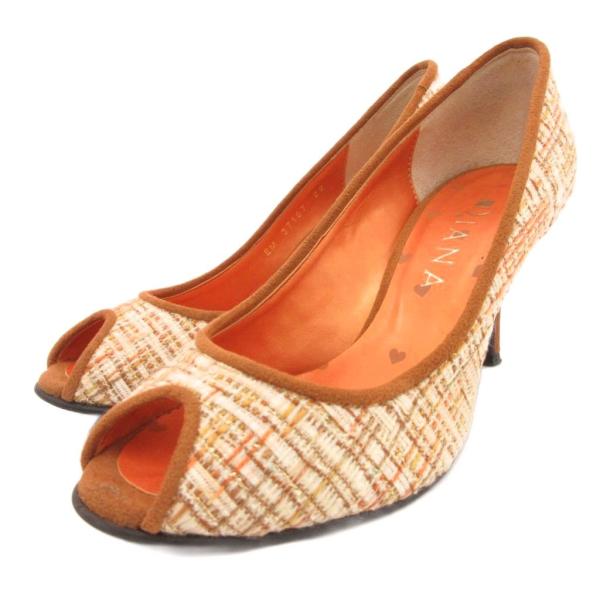 ダイアナ DIANA オープントゥパンプス シューズ ツイード 22cm ベージュ 茶 ブラウン /...