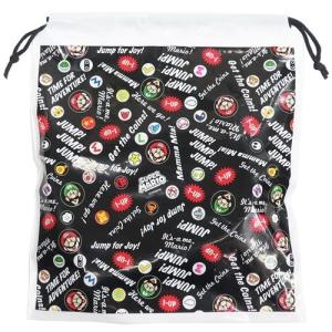 ビニール 巾着 ポリ きんちゃく nintendo スーパーマリオ 総柄 クロ サンアート 30×34×10cm