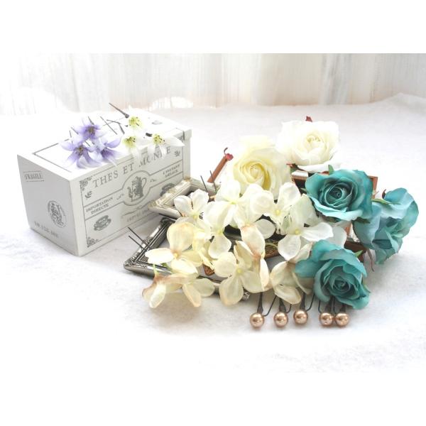 ターコイズバラと白小花のパーツ髪飾り：HA001