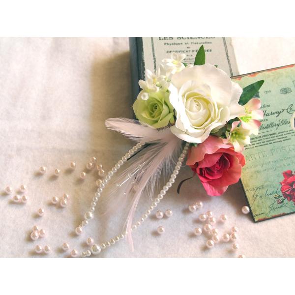 バラと揺れるパールの髪飾り：HA003