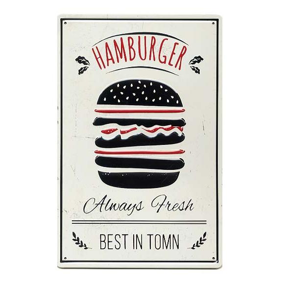 ハンバーガー Always Fresh ミニサイズ エンボス加工 レトロ調 アメリカンブリキ看板