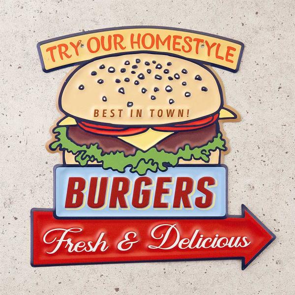 ハンバーガー ダイカット エンボス加工 メタルプレート ブリキ看板 金属製壁飾り アメリカン雑貨 ア...