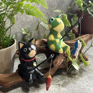 ねこ かえる ミニお座りアニマル 5個セット 置物 飾り 木彫 バリ ネコ