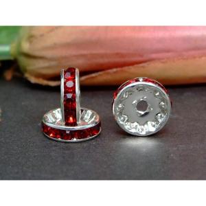 61028 12×4mm 50個 ロンデル 平シルバー＆濃赤 天然石 パワーストーン アクセサリー作りに パーツ